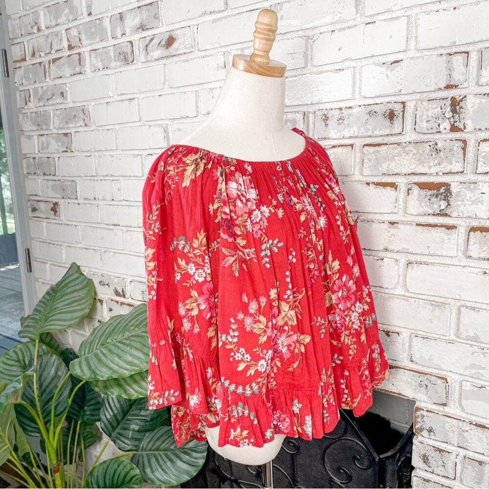 Vintage Denim & Supply Ralph Lauren Red Cotton Floral Flowy 3/4 Sleeve Top L - Picture 5 of 10